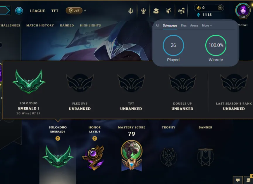 EUNE ⭐ Season 16 (New) ⭐ Emerald 1 (67 LP) ⚔ 100% WR ⸱ 13 Skins ⸱ 🚀 High MMR 🚀 Full Access 🔑 Instant Delivery